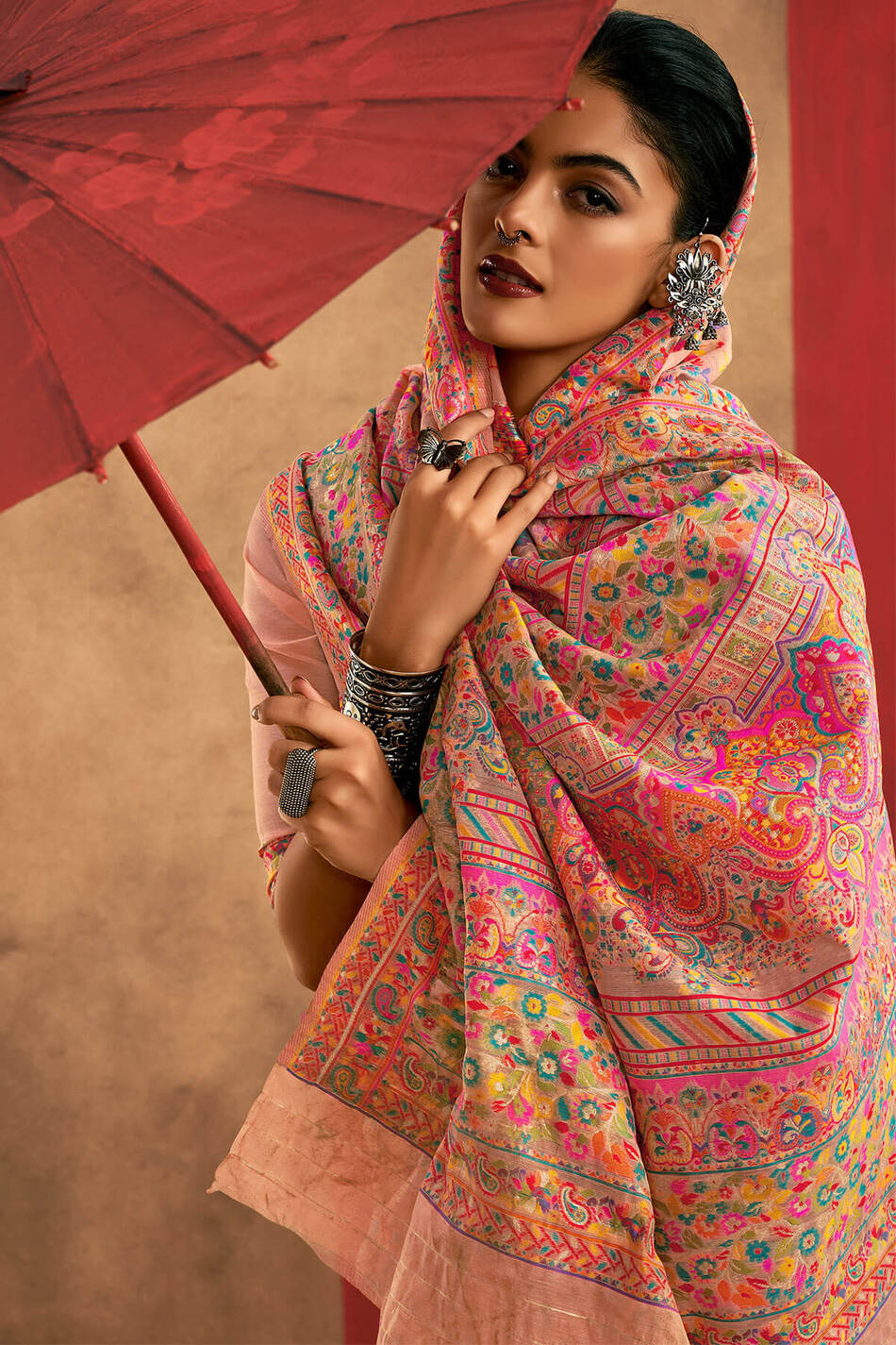 Delectable Peach Pashmina Saree With Panache Blouse Piece - Image 2