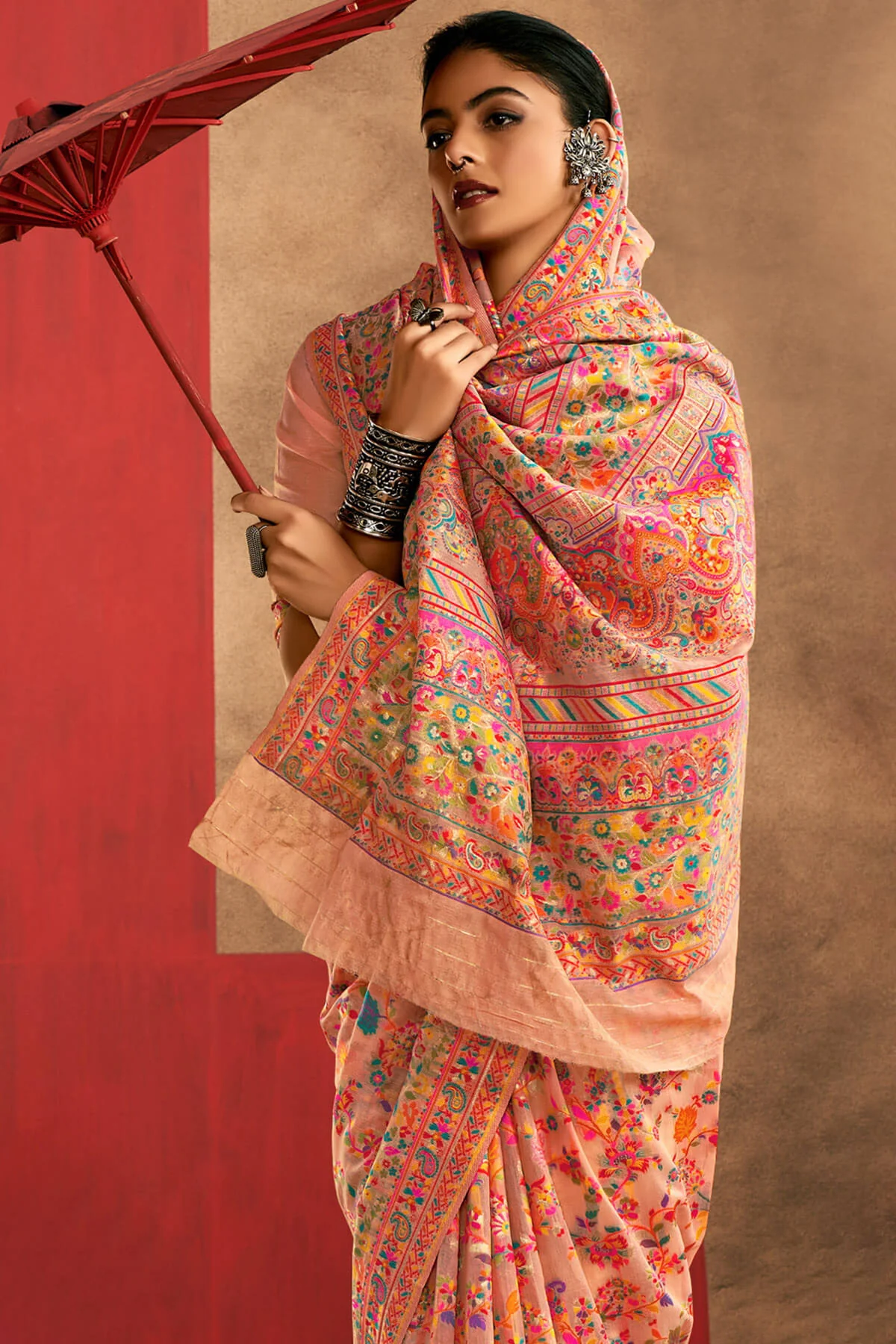 Delectable Peach Pashmina Saree With Panache Blouse Piece - Image 3