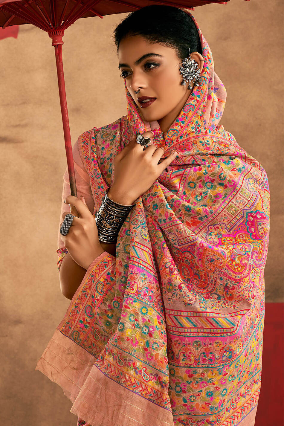 Delectable Peach Pashmina Saree With Panache Blouse Piece - Image 4
