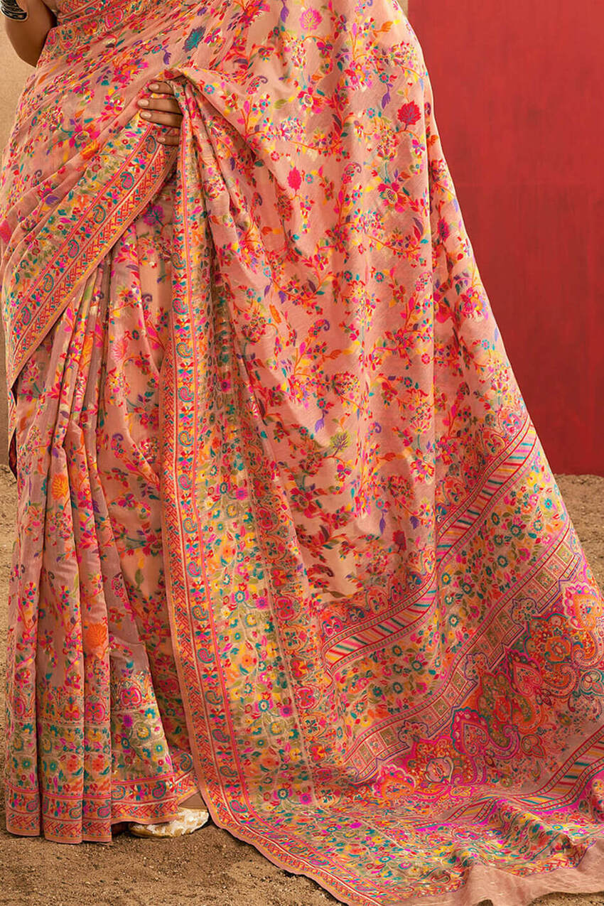 Delectable Peach Pashmina Saree With Panache Blouse Piece - Image 5