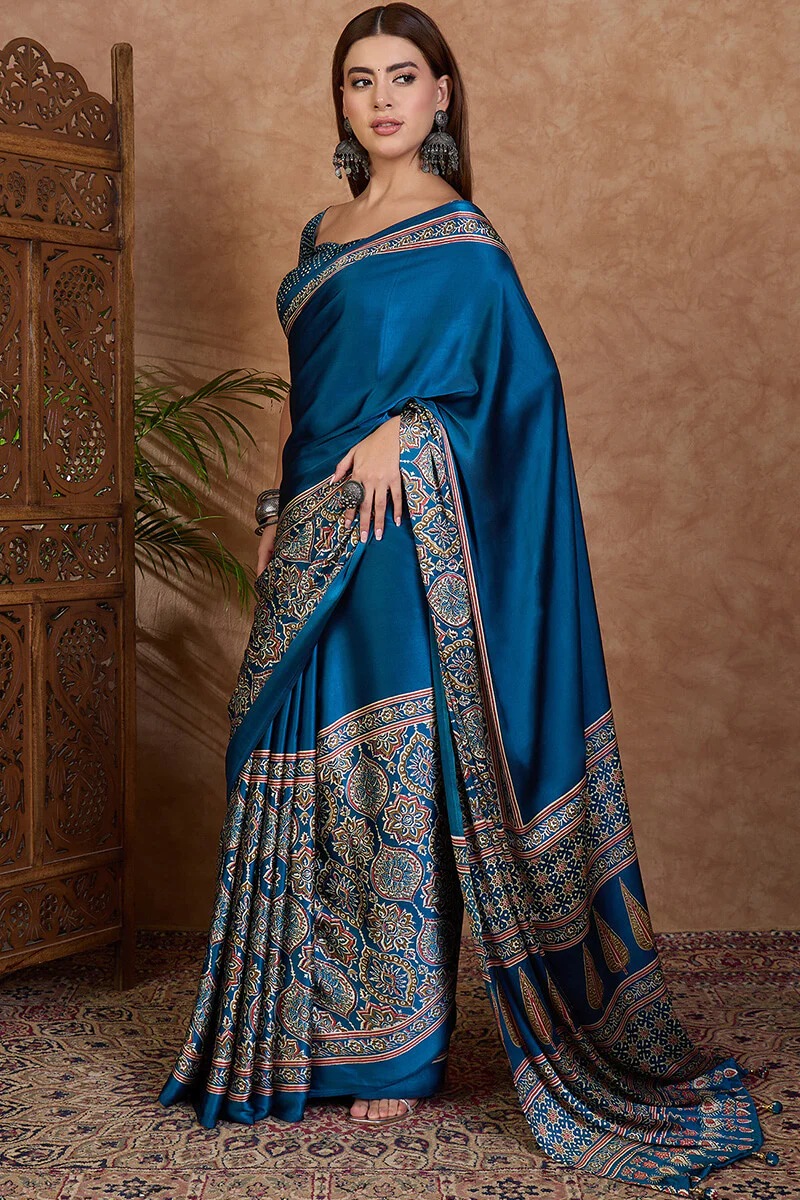 Delectable Rama Ajrakh Printed Semi Modal Silk Saree With Classic Blouse Piece - Image 3