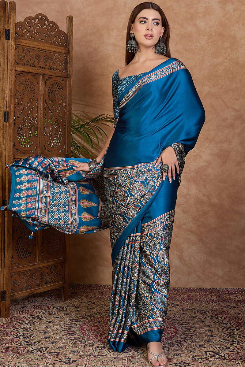 Delectable Rama Ajrakh Printed Semi Modal Silk Saree With Classic Blouse Piece - Image 5