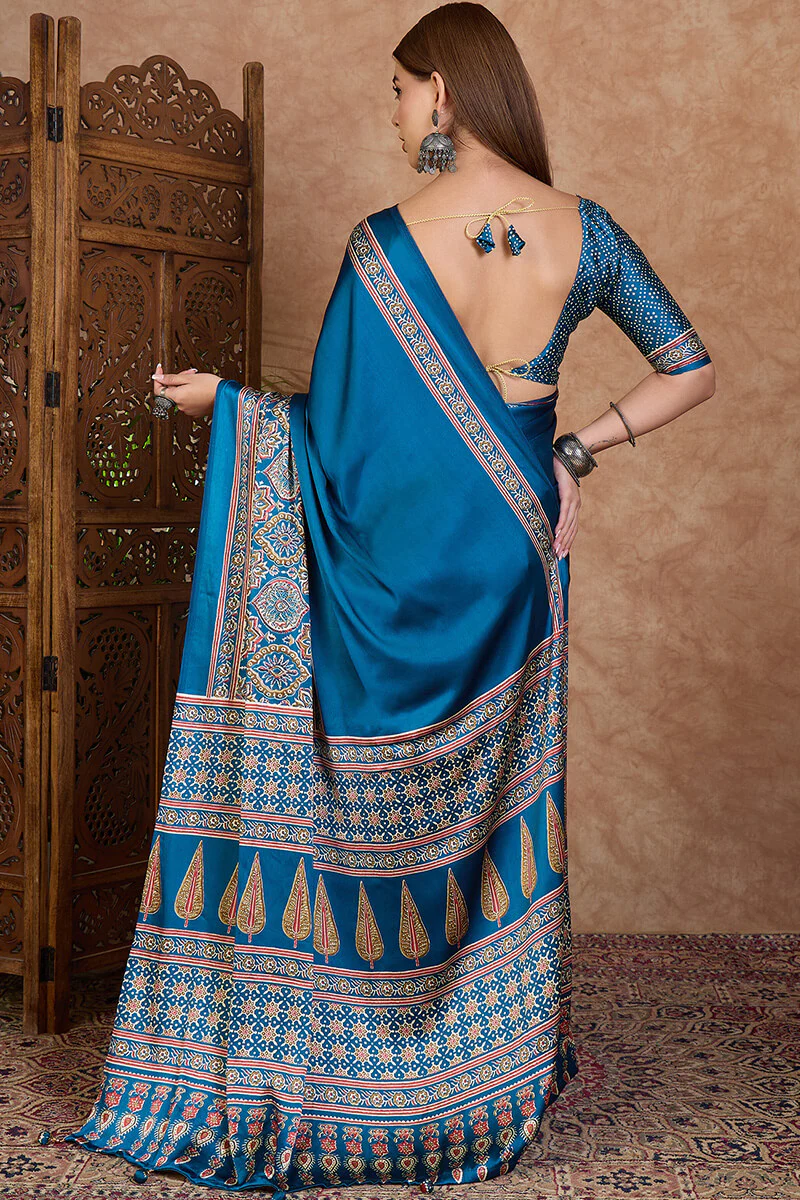 Delectable Rama Ajrakh Printed Semi Modal Silk Saree With Classic Blouse Piece - Image 7