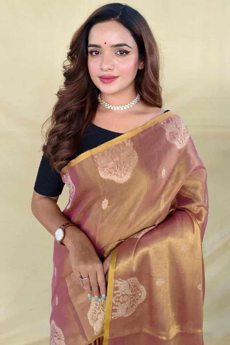 Delectable Wine Banarasi Tissue Silk Saree With Bewitching Blouse Piece - Image 2