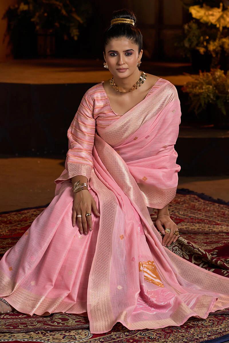 Delightful Baby Pink Cotton Silk Saree With Groovy Blouse Piece - Image 2