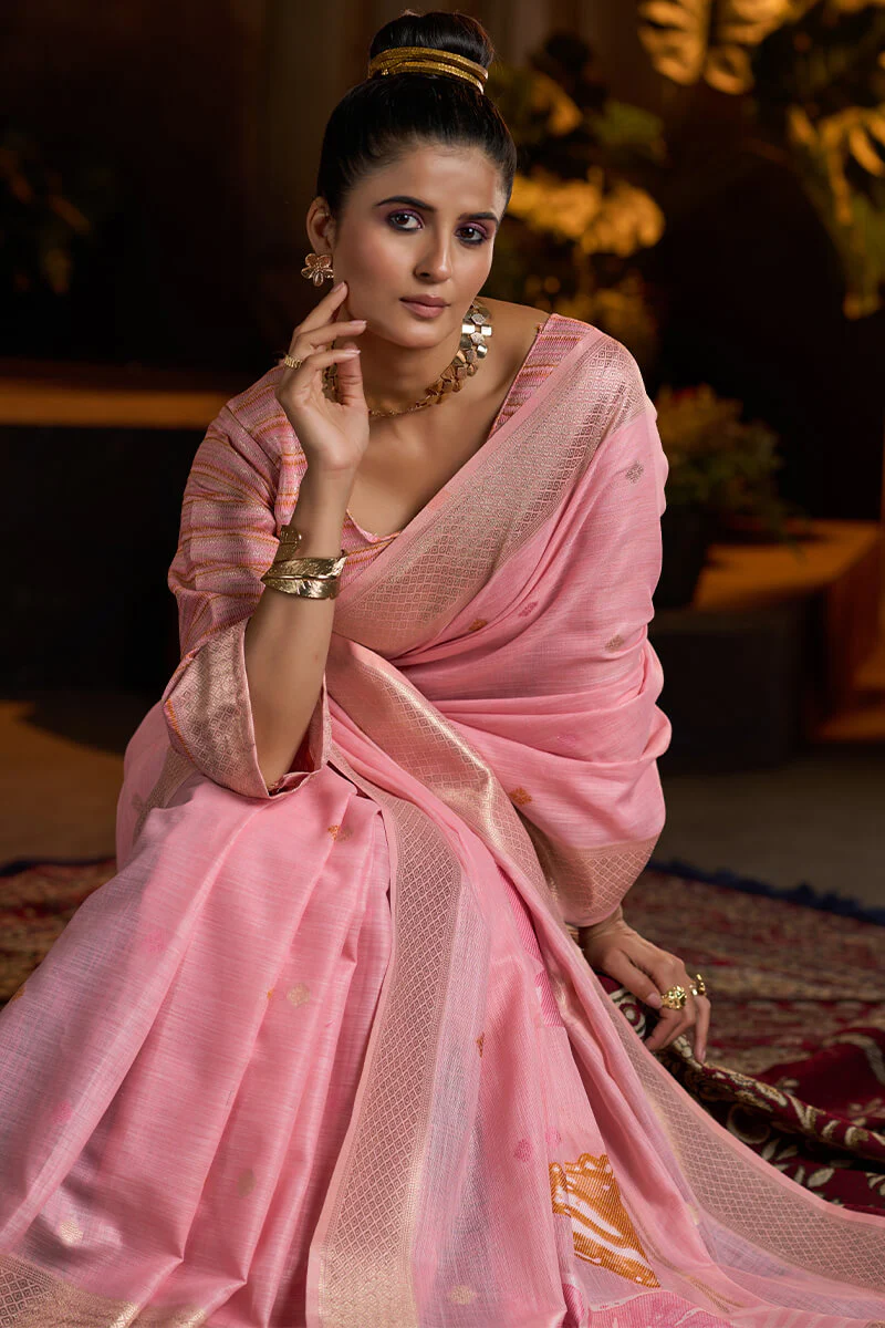 Delightful Baby Pink Cotton Silk Saree With Groovy Blouse Piece - Image 4