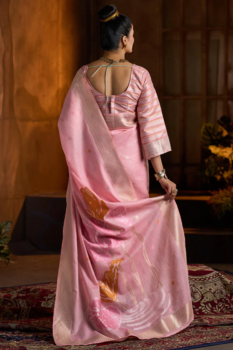 Delightful Baby Pink Cotton Silk Saree With Groovy Blouse Piece - Image 6