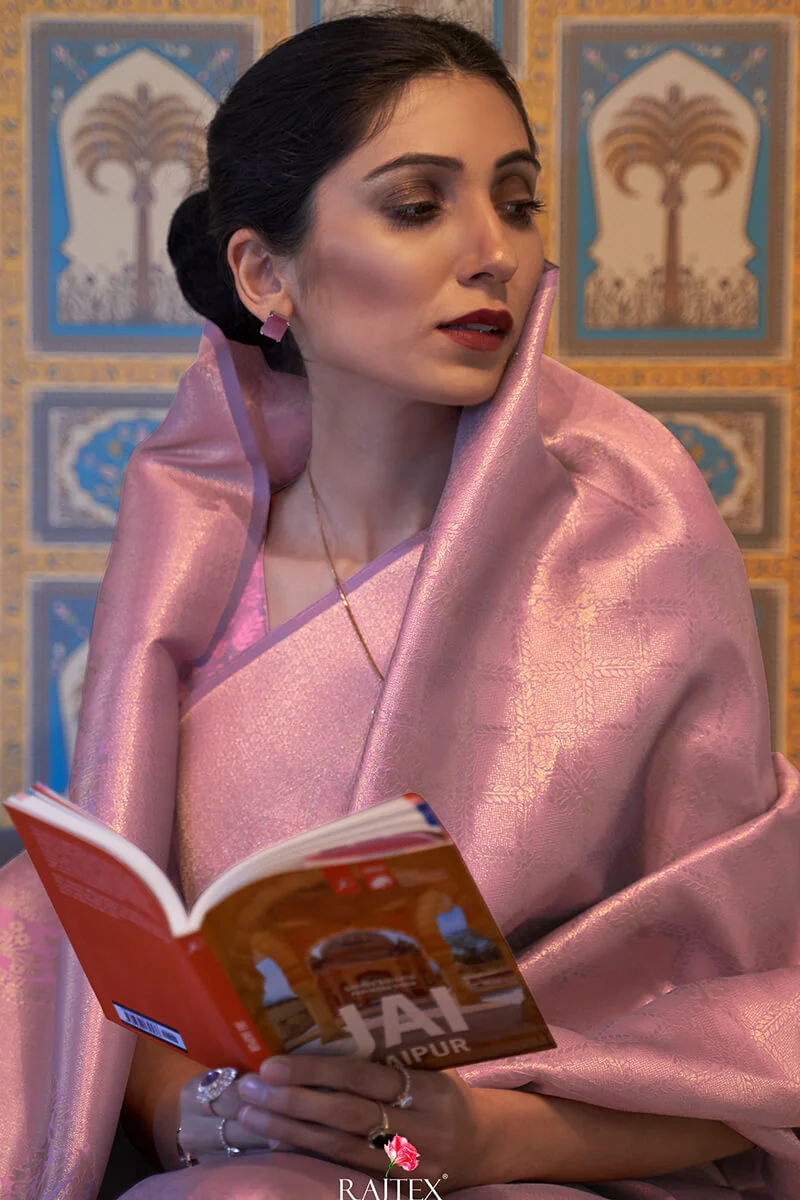 Delightful Baby Pink Kanjivaram Silk Saree With Fairytale Blouse Piece - Image 2