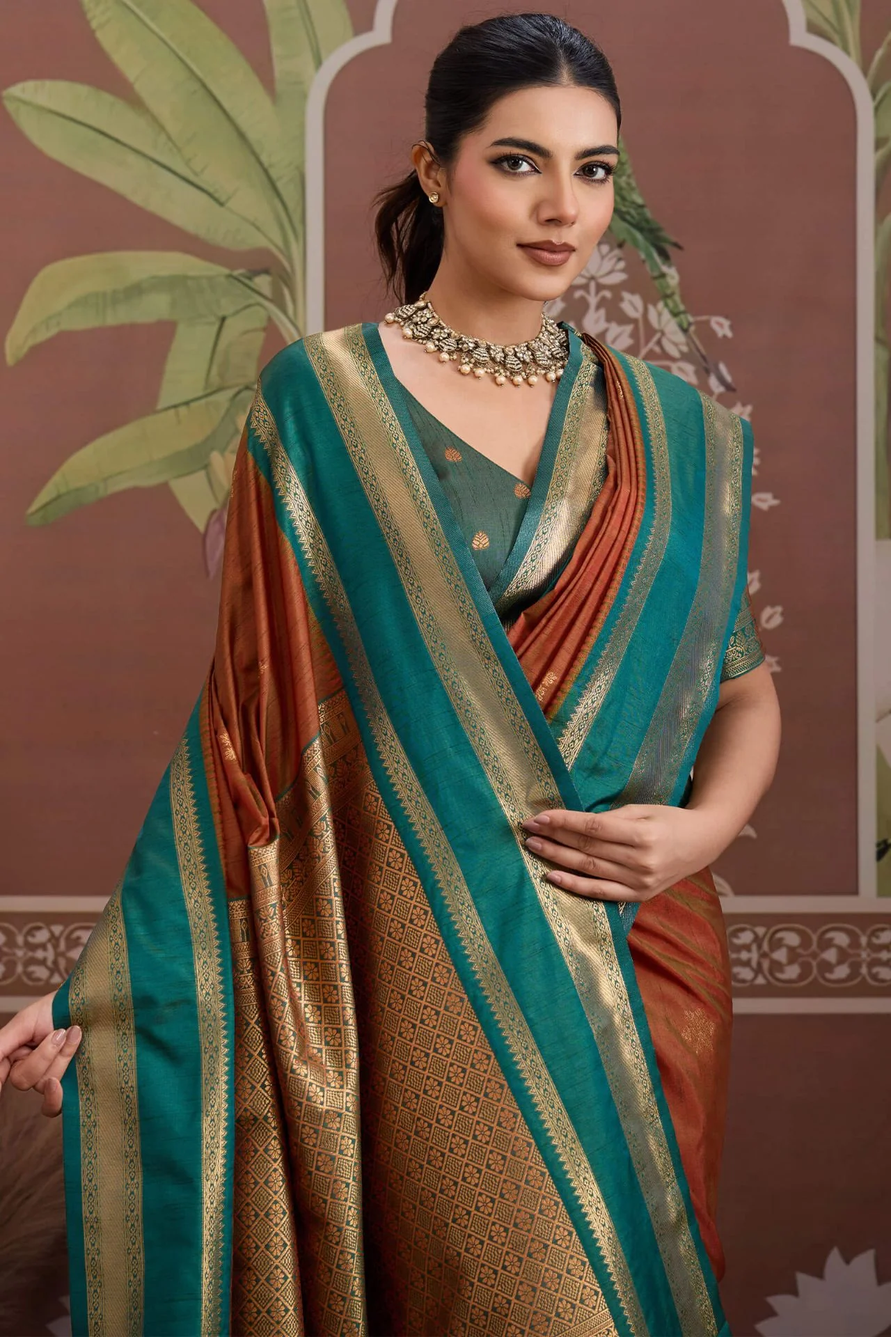 Delightful Brown Banarasi Tussar Silk Saree With Energetic Blouse Piece - Image 2