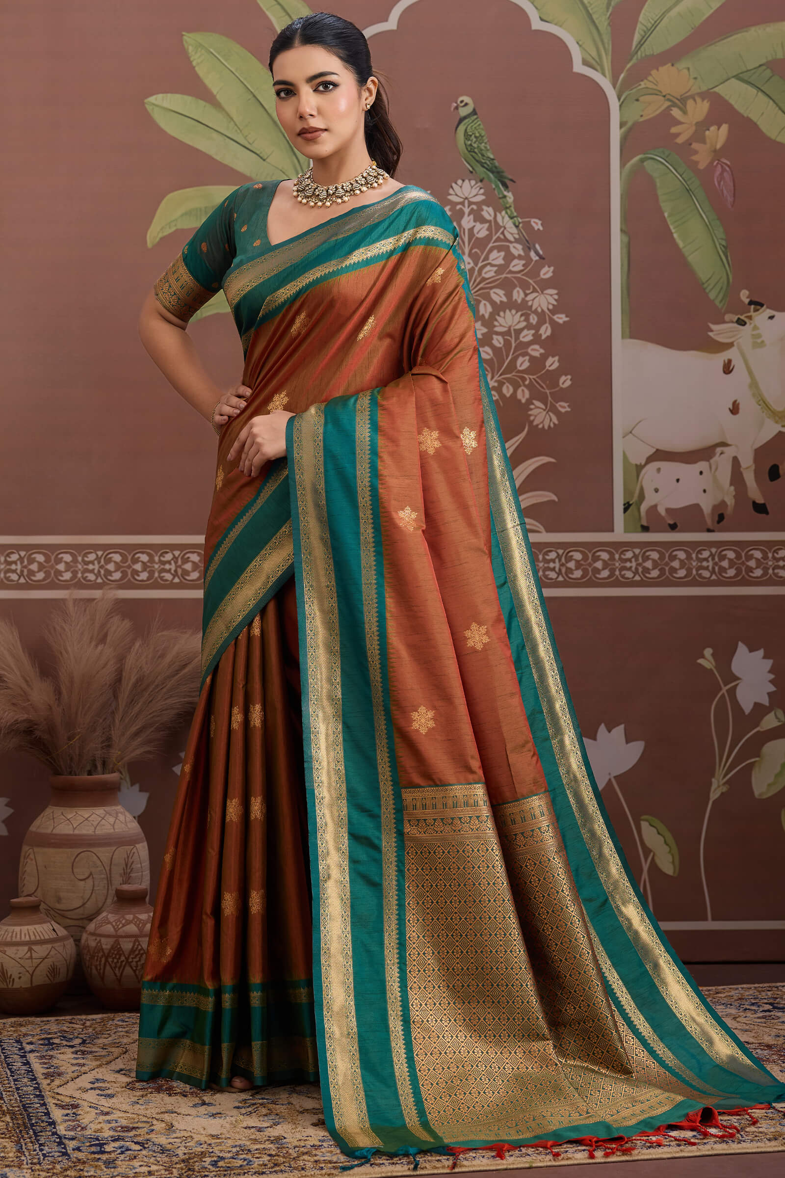 Delightful Brown Banarasi Tussar Silk Saree With Energetic Blouse Piece - Image 3