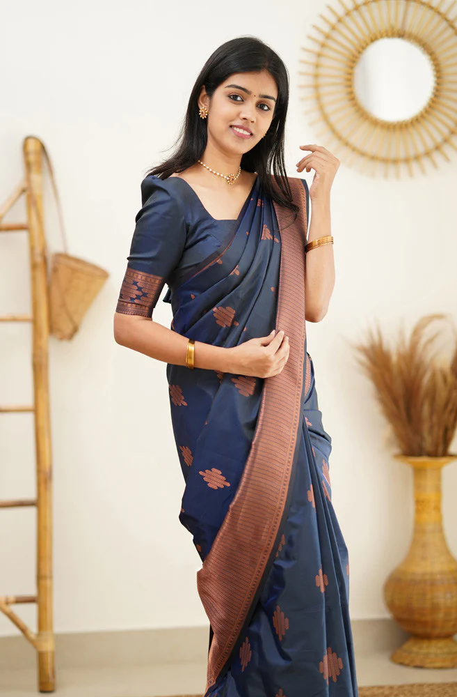 Delightful Navy Blue Soft Silk Saree With Prettiest Blouse Piece - Image 7