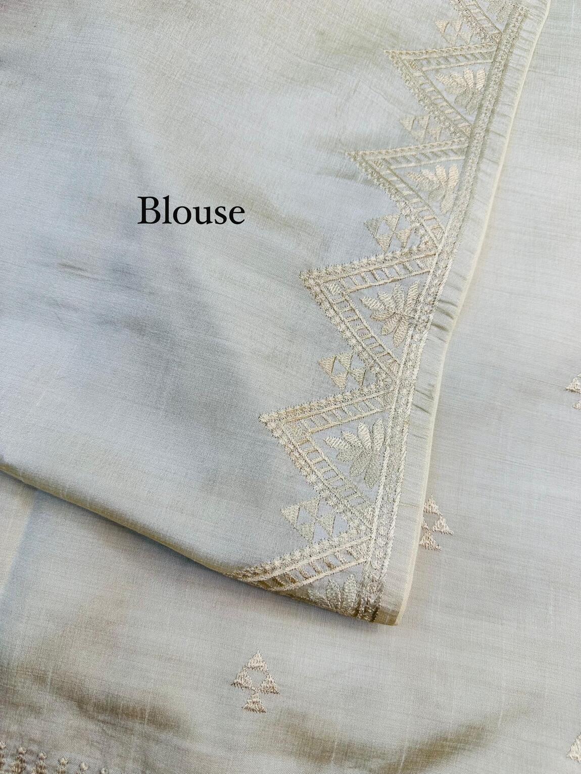 Delightful Off White Embroidery Work Tussar Silk Saree With Inimitable Blouse Piece - Image 5