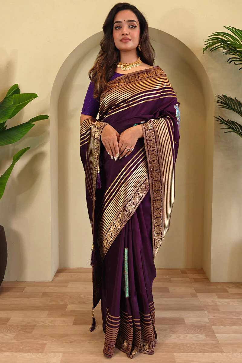 Delightful Purple Soft Banarasi Silk Saree With Classic Blouse Piece - Image 3