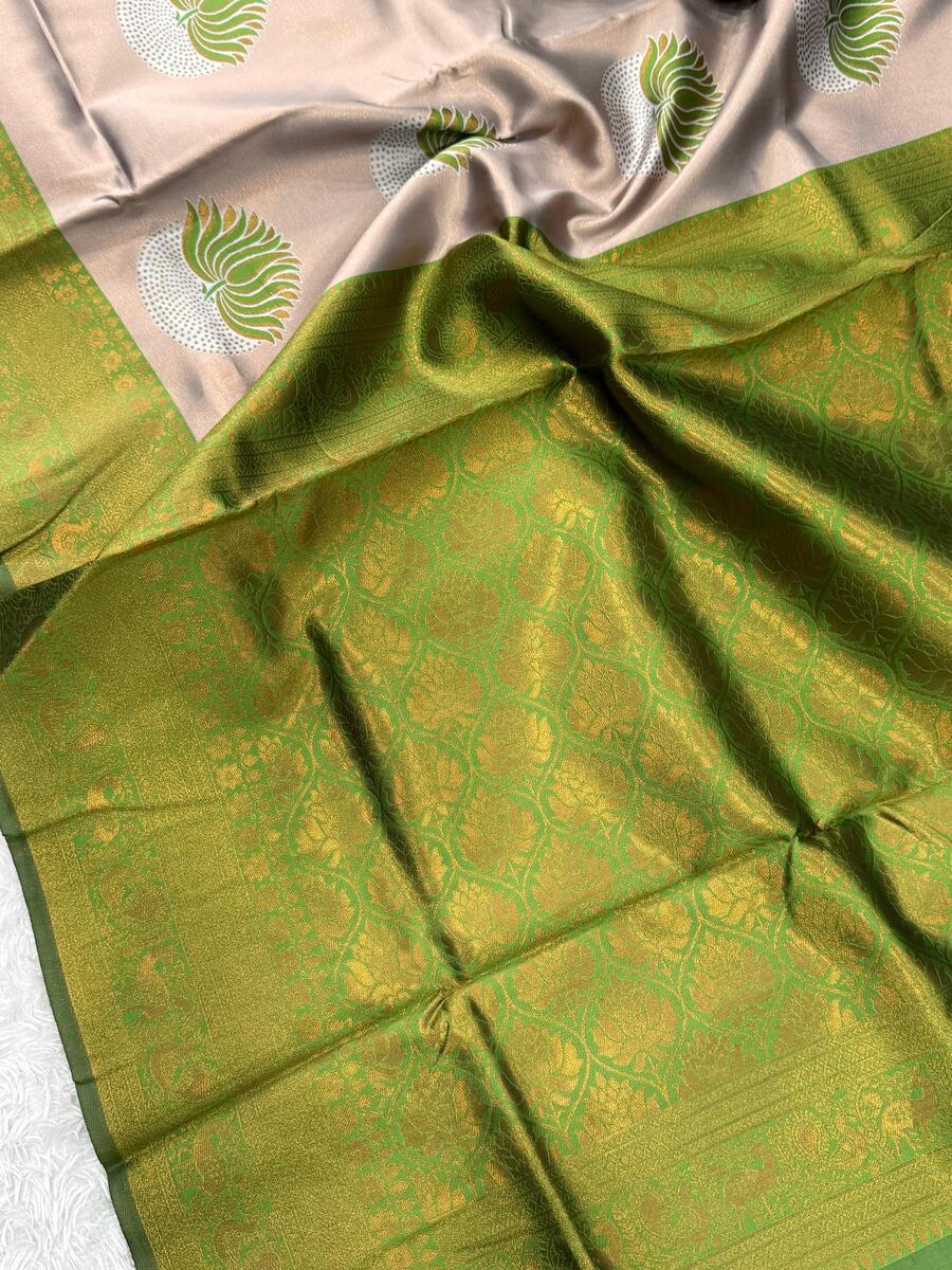 Demanding Beige and Green Soft Silk Saree With Jubilant Blouse Piece - Image 2