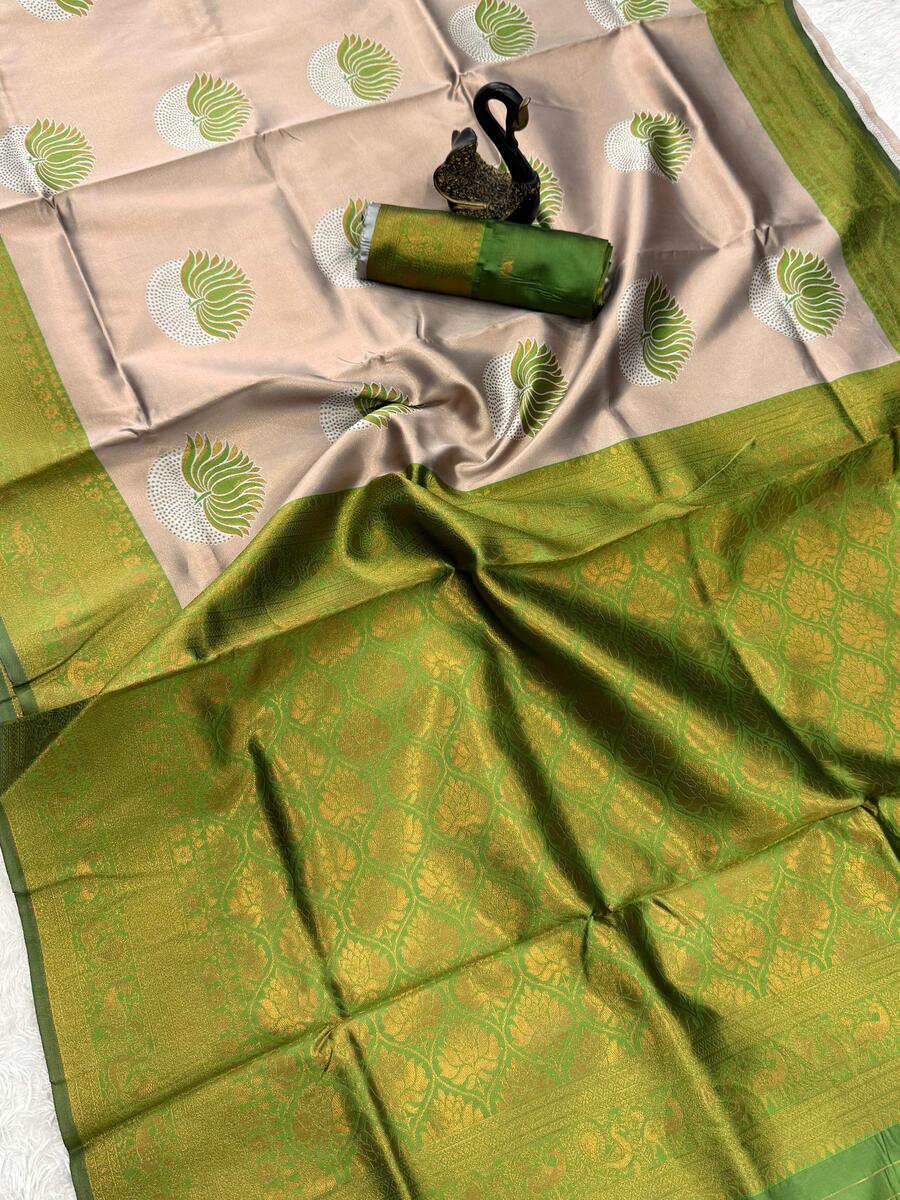 Demanding Beige and Green Soft Silk Saree With Jubilant Blouse Piece - Image 3