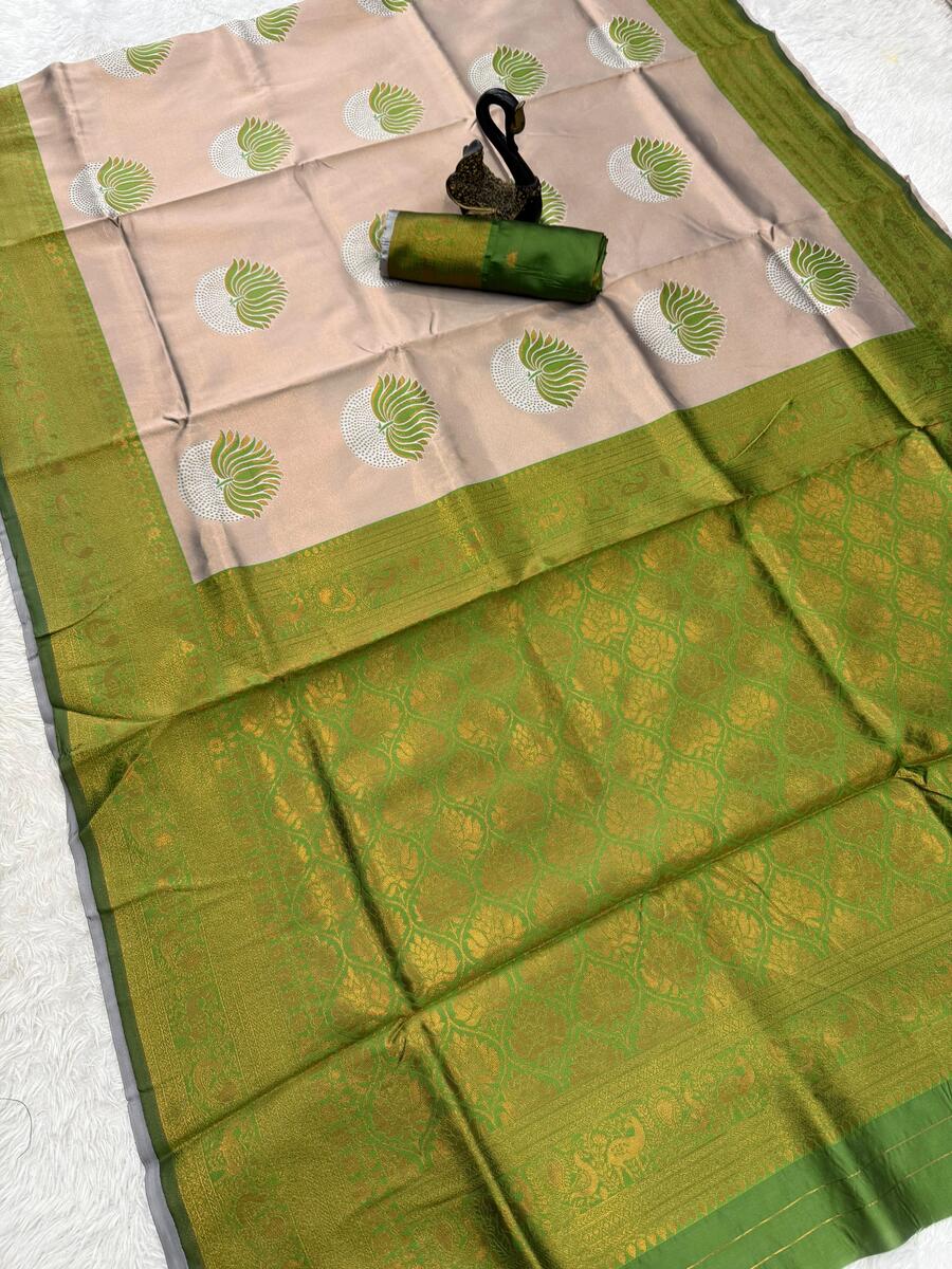 Demanding Beige and Green Soft Silk Saree With Jubilant Blouse Piece - Image 4