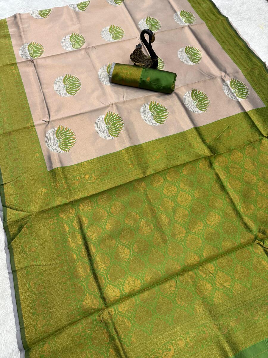 Demanding Beige and Green Soft Silk Saree With Jubilant Blouse Piece - Image 5