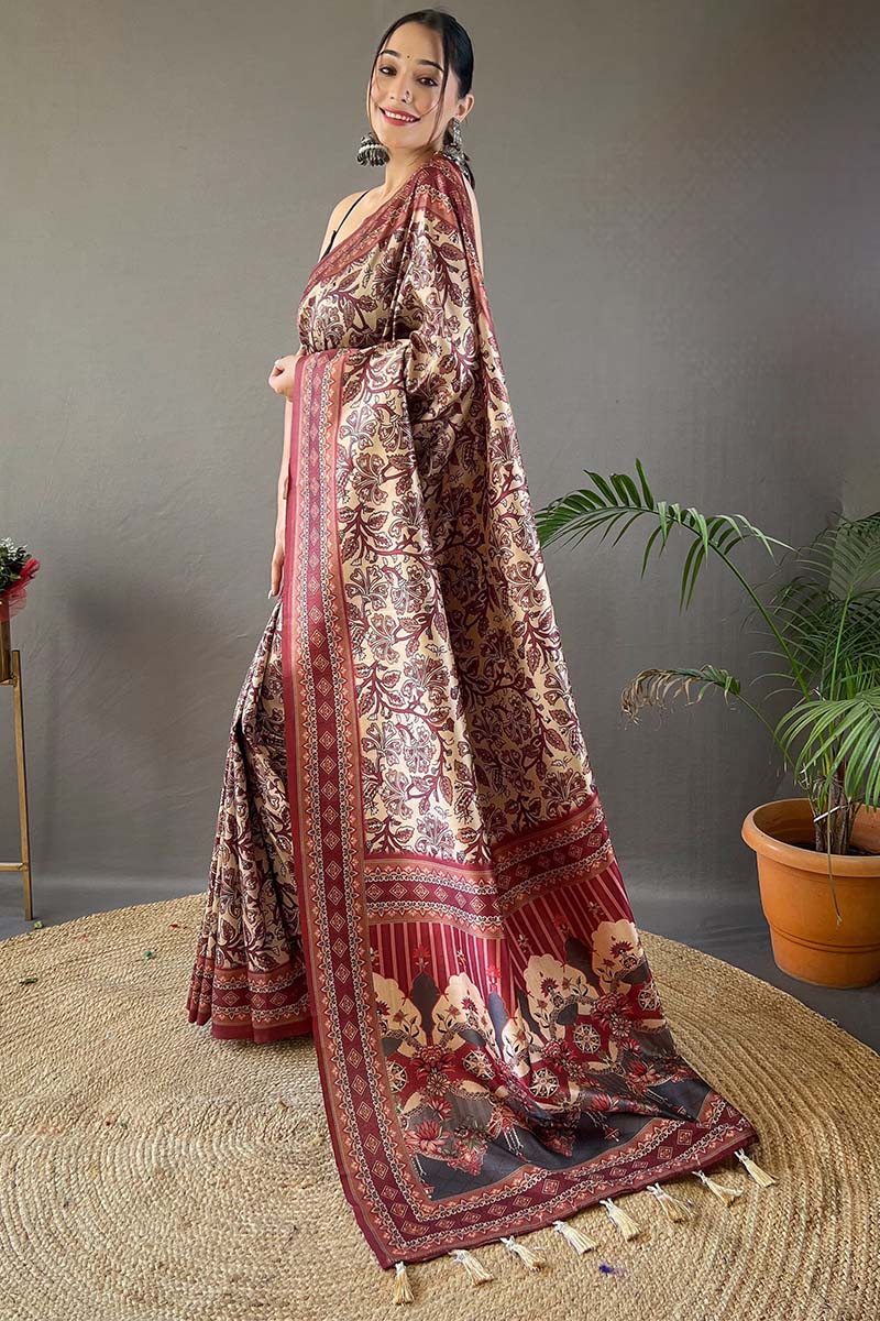 Demanding Beige Digital Printed Soft Silk Saree With Hypnotic Blouse Piece - Image 3