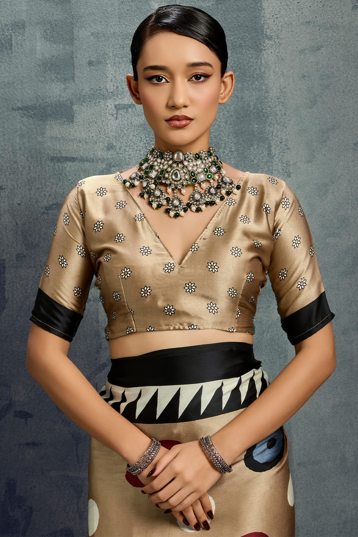 Demanding Dark Beige Ajrakh Printed Satin Silk Saree With Radiant Blouse Piece - Image 4