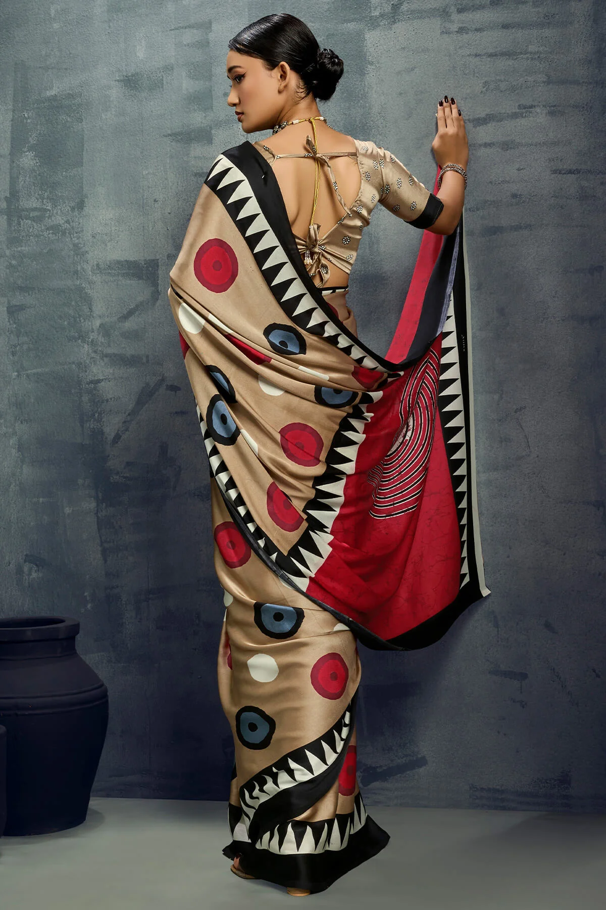 Demanding Dark Beige Ajrakh Printed Satin Silk Saree With Radiant Blouse Piece - Image 5