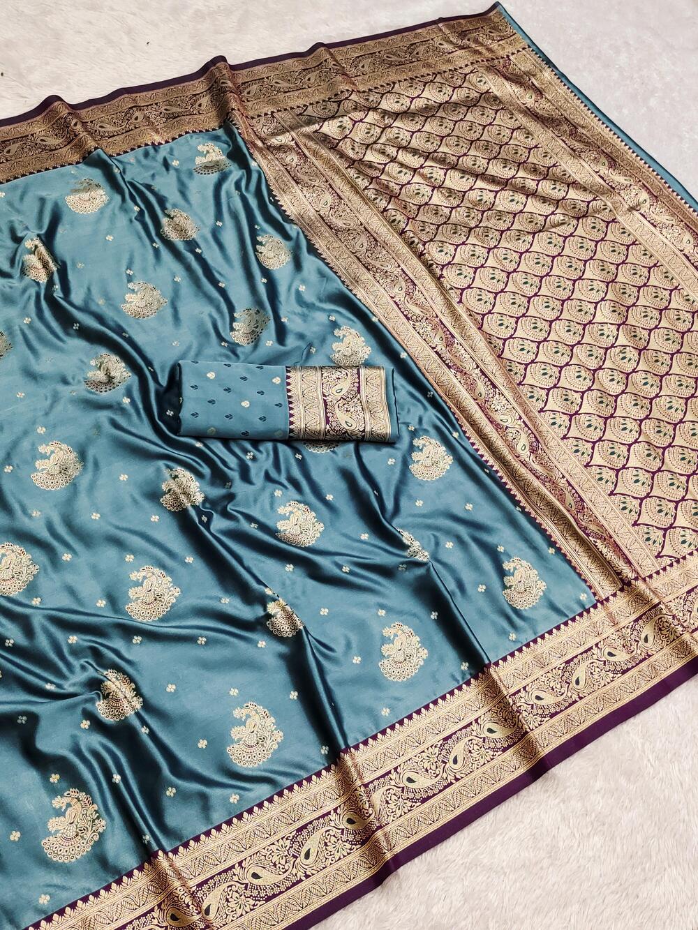 Demanding Grey Banarasi Satin Silk Saree With Exuberant Blouse - Image 2