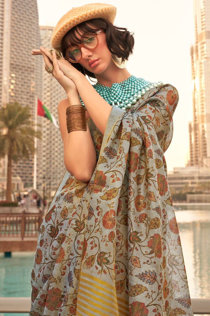 Demanding Grey Digital Printed Tissue Silk Saree With Ravishing Blouse Piece - Image 2
