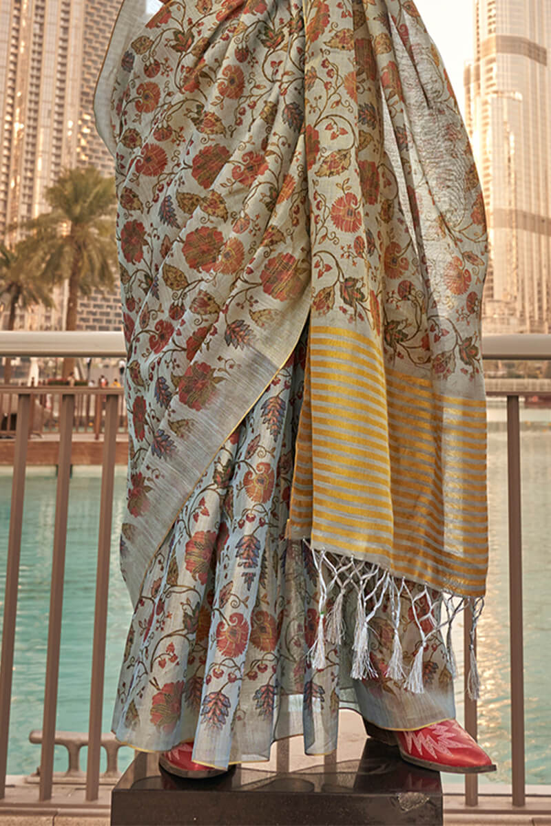 Demanding Grey Digital Printed Tissue Silk Saree With Ravishing Blouse Piece - Image 3