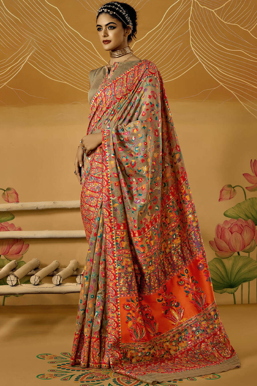 Demanding Grey Pashmina Saree With Magnetic Blouse Piece - Image 3