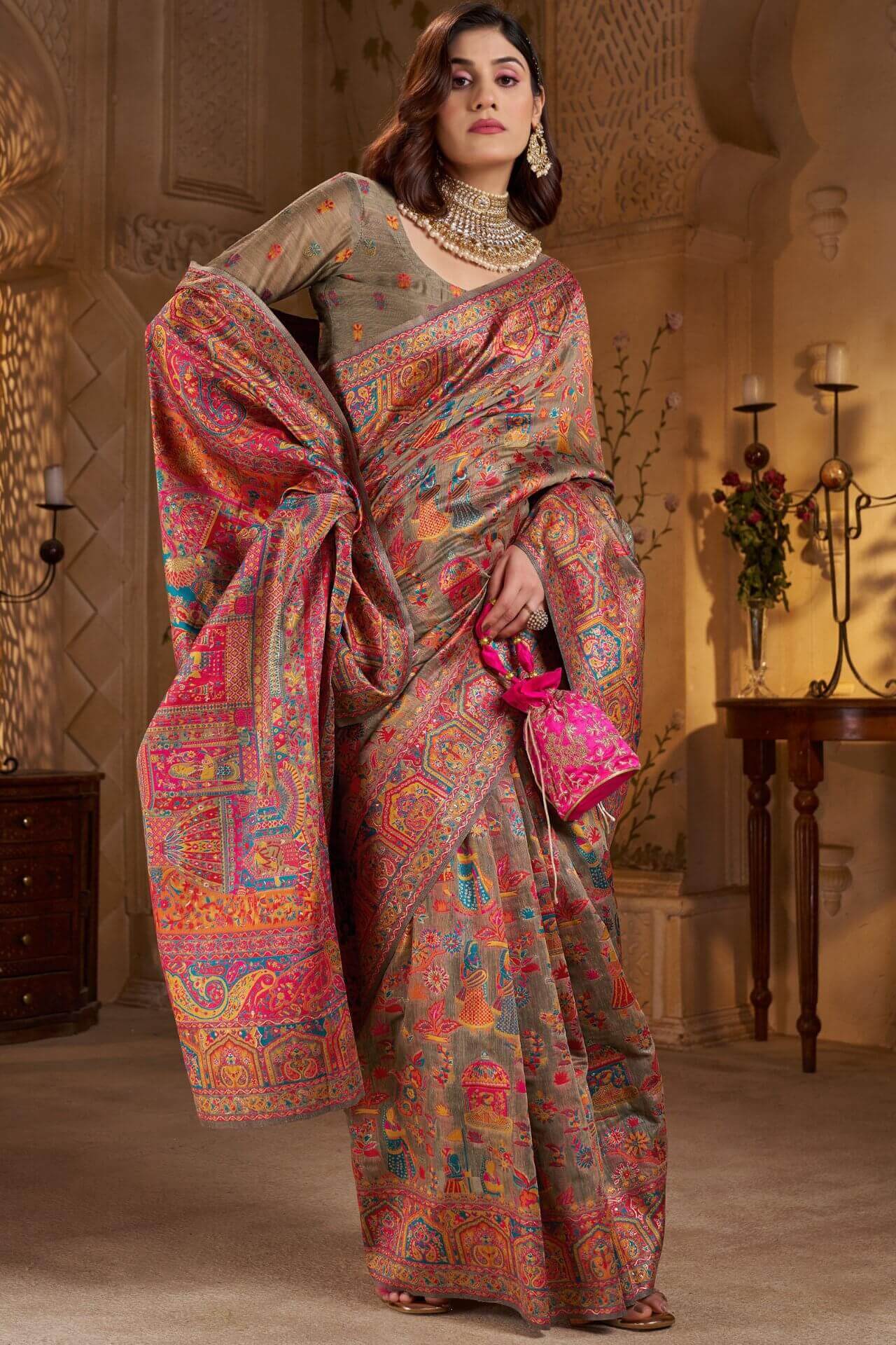 Demanding Grey Pashmina Saree With Super classy Blouse Piece - Image 4