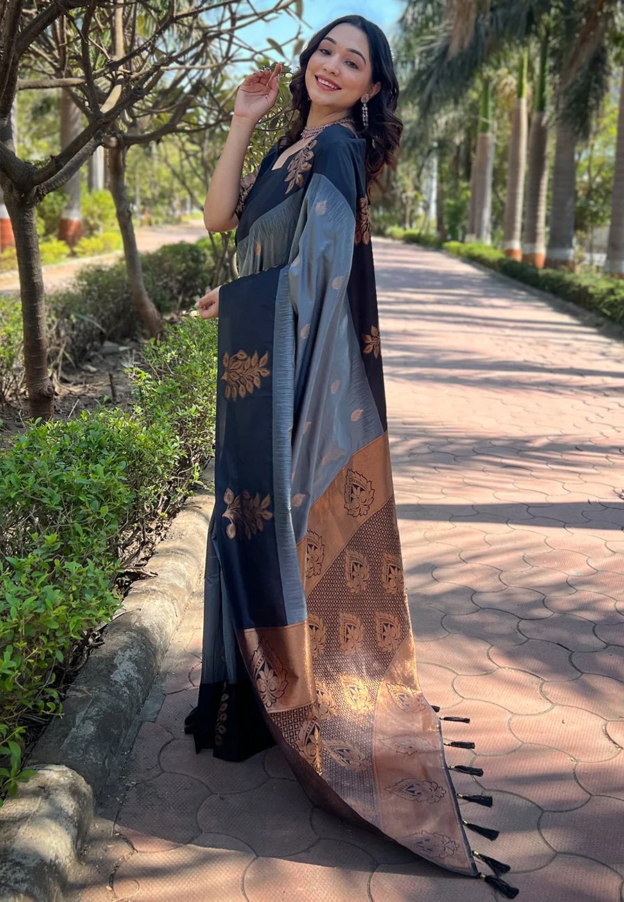 Demanding Grey Soft Silk Saree With Fancifull Blouse Piece - Image 3