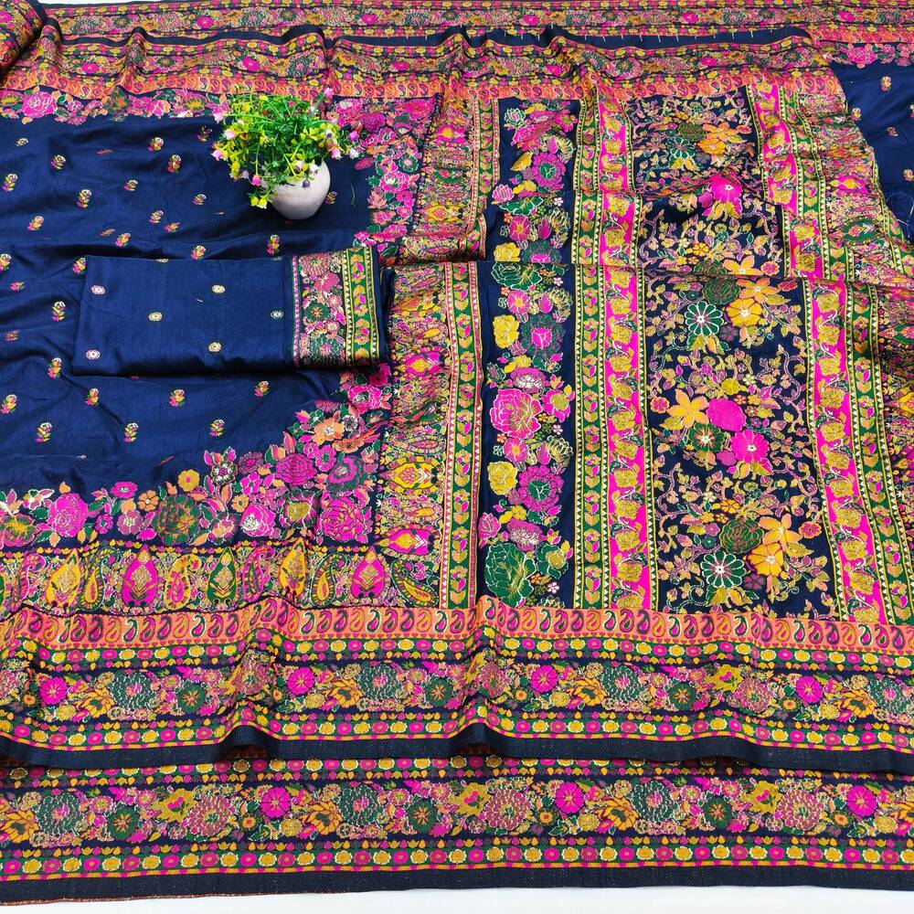 Demanding Navy Blue Nylon Dola Pashmina Saree With Gleaming Blouse Piece - Image 4
