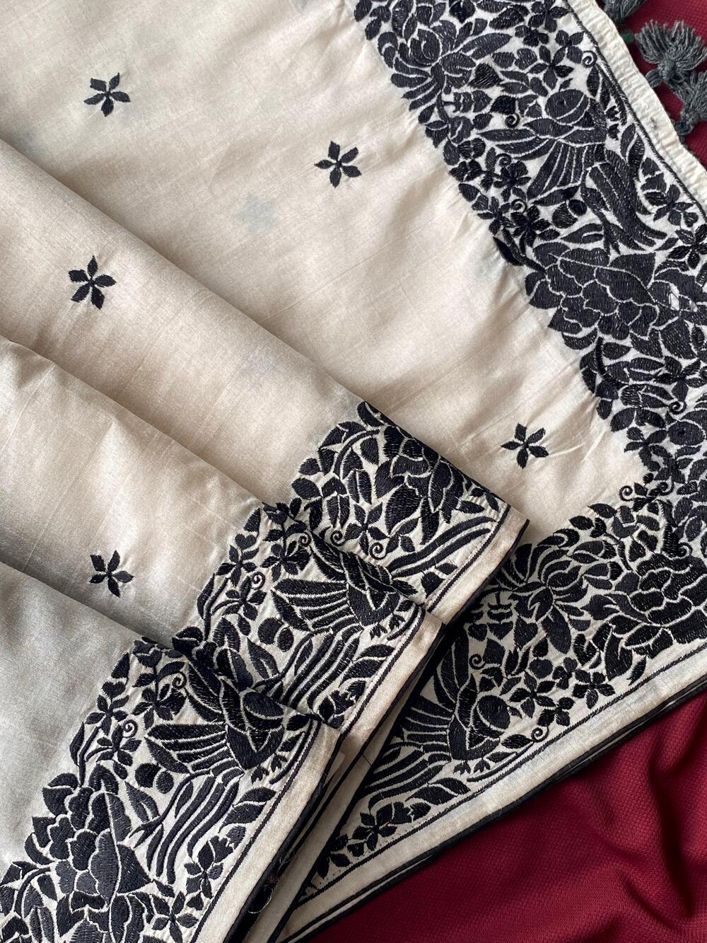 Demanding Off White Embroidery Work Tussar Silk Saree With Pleasurable Blouse Piece - Image 2