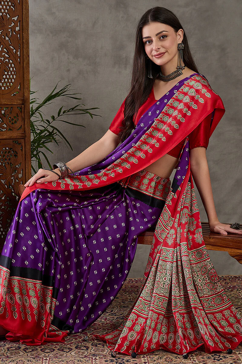 Demanding Purple Ajrakh Printed Semi Modal Silk Saree With Dalliance Blouse Piece - Image 4
