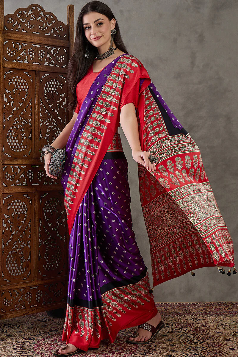 Demanding Purple Ajrakh Printed Semi Modal Silk Saree With Dalliance Blouse Piece - Image 5