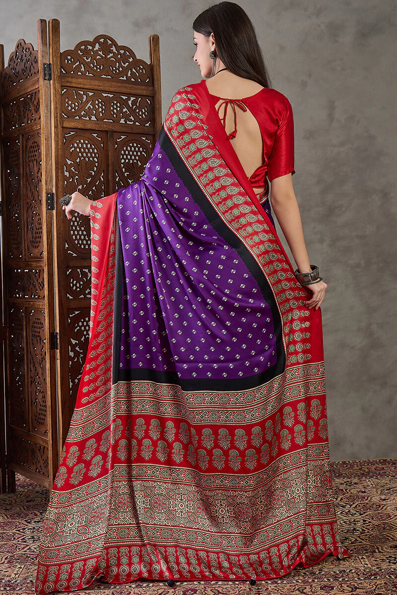Demanding Purple Ajrakh Printed Semi Modal Silk Saree With Dalliance Blouse Piece - Image 7
