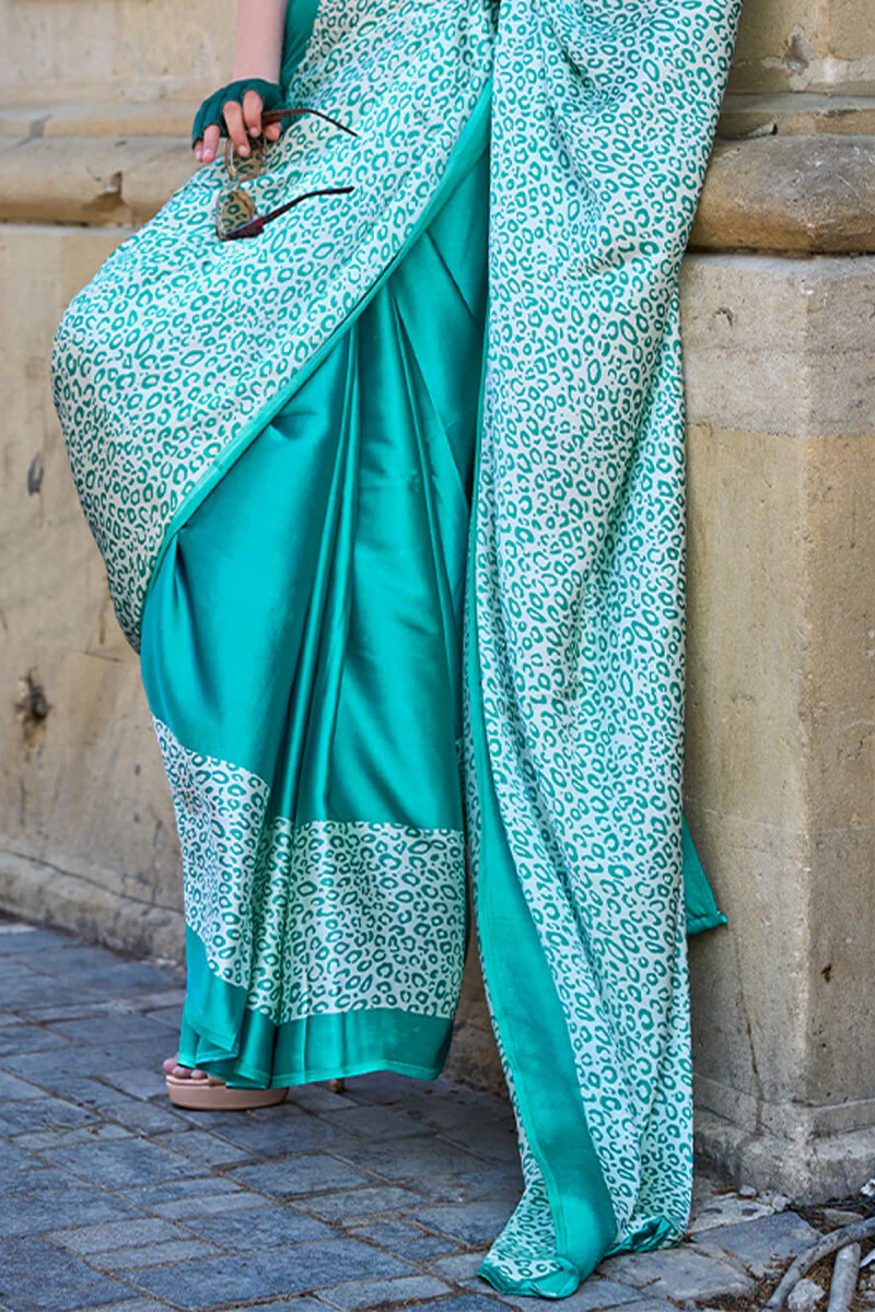Demanding Turquoise Digital Printed Satin Silk Saree With Intricate Blouse Piece - Image 3