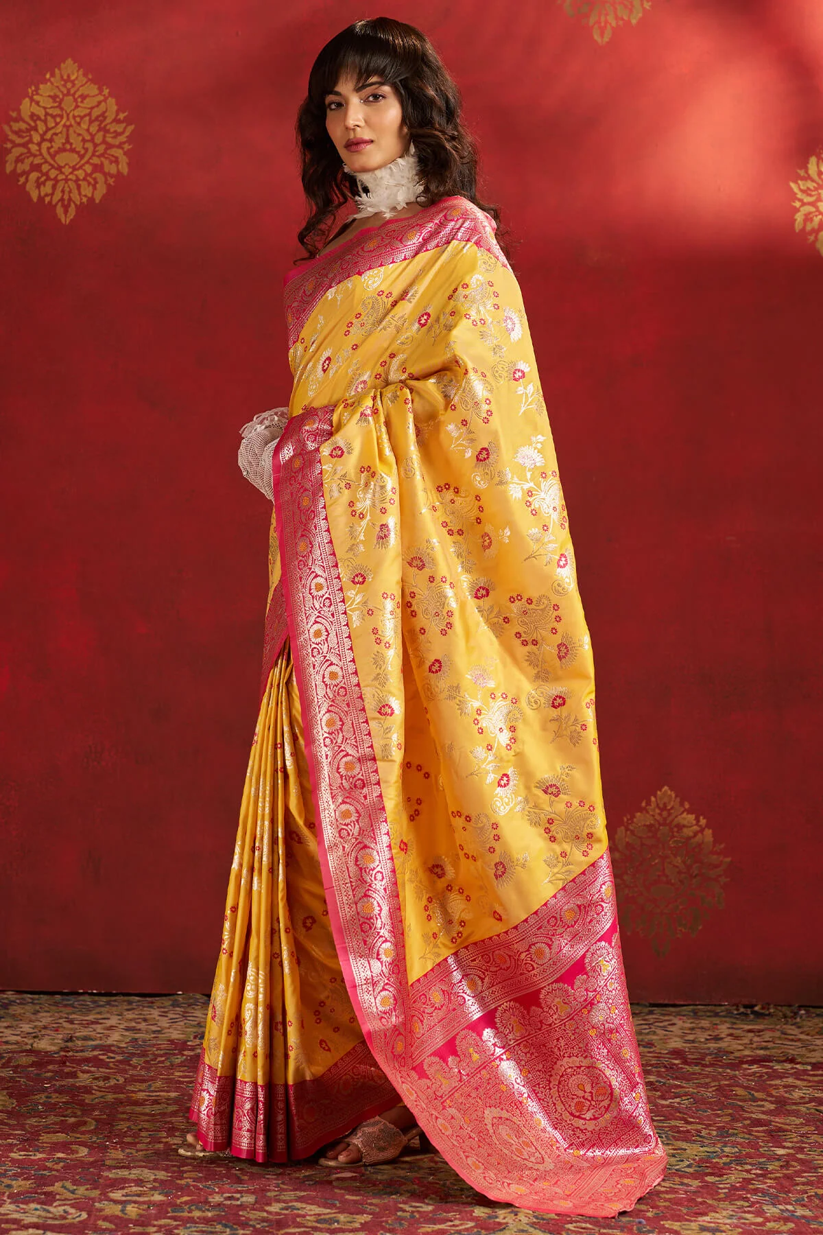 Demanding Yellow Pure Zari Weaving Banarasi Silk Saree With Girlish Blouse Piece - Image 5
