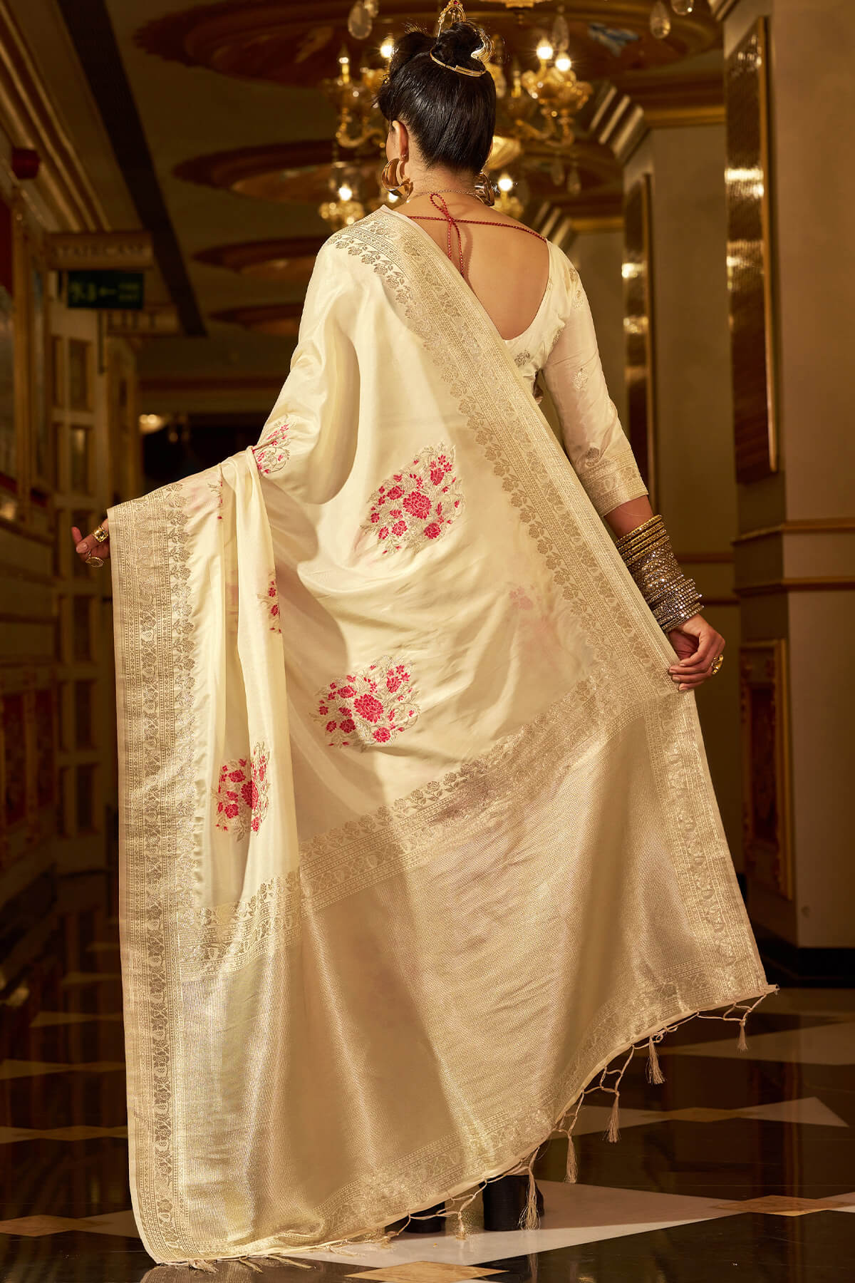 Demesne Beige Pure Zari Weaving Banarasi Silk Saree With Scintillating Blouse Piece - Image 5