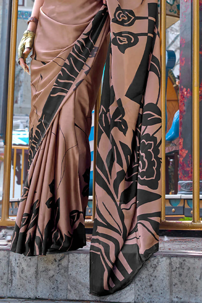 Demesne Brown Digital Printed Satin Silk Saree With Serendipity Blouse Piece - Image 4
