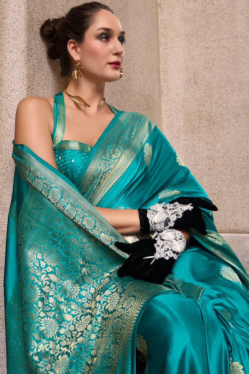 Demesne Firozi Banarasi Satin Silk Saree With Murmurous Blouse - Image 2