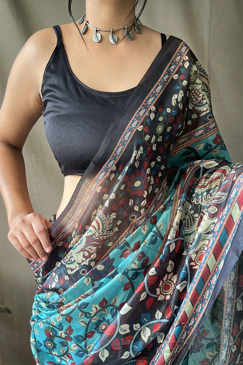 Demesne Firozi Kalamkari Printed Saree With Sumptuous Blouse Piece - Image 3