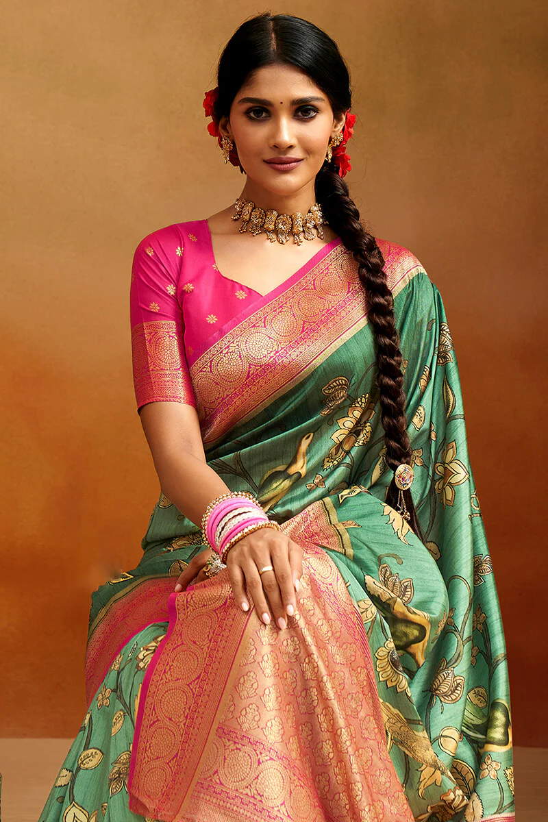 Demesne Green Kalamkari Printed Saree With Scrupulous Blouse Piece - Image 2