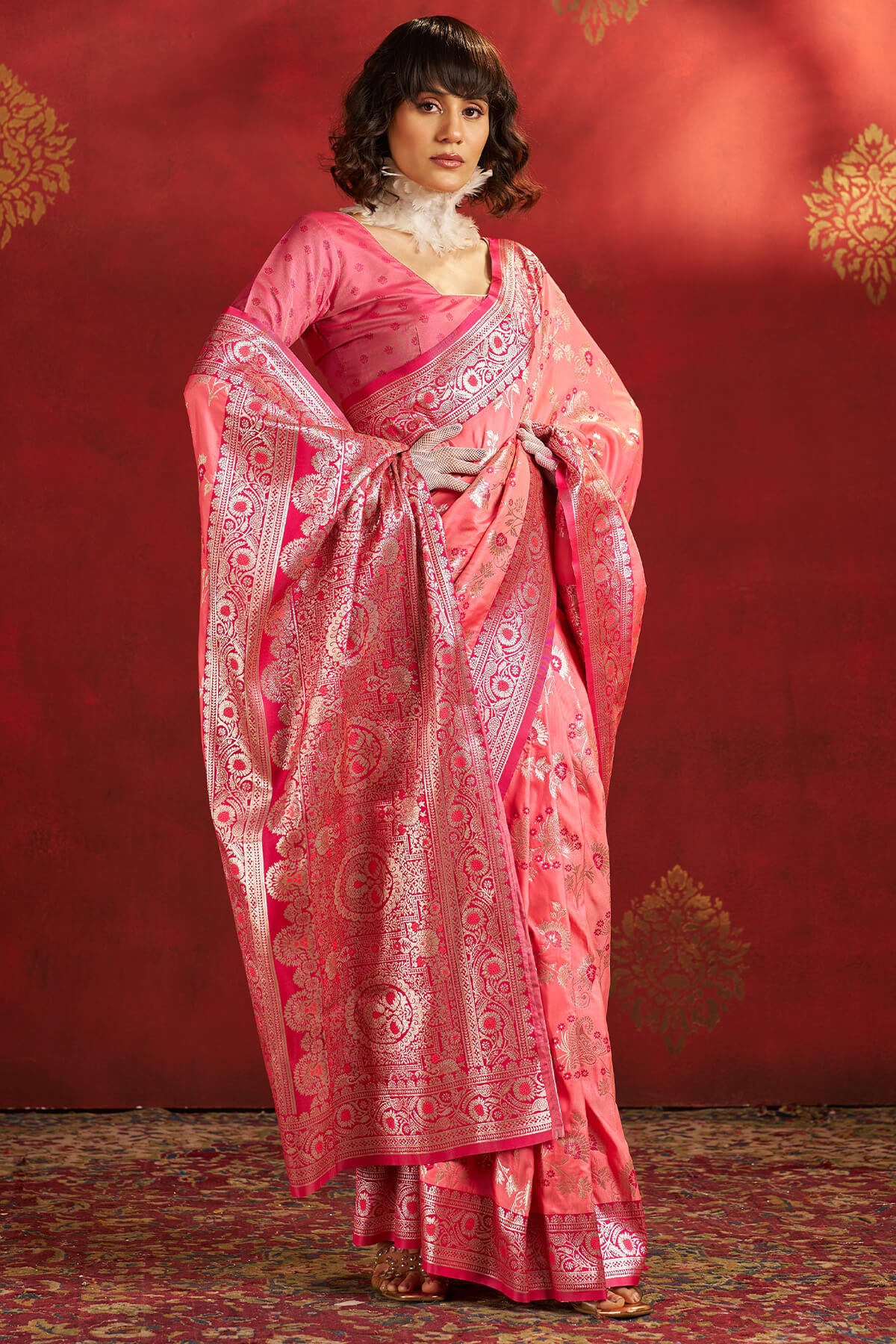 Demesne Pink Pure Zari Weaving Banarasi Silk Saree With Confounding Blouse Piece - Image 3