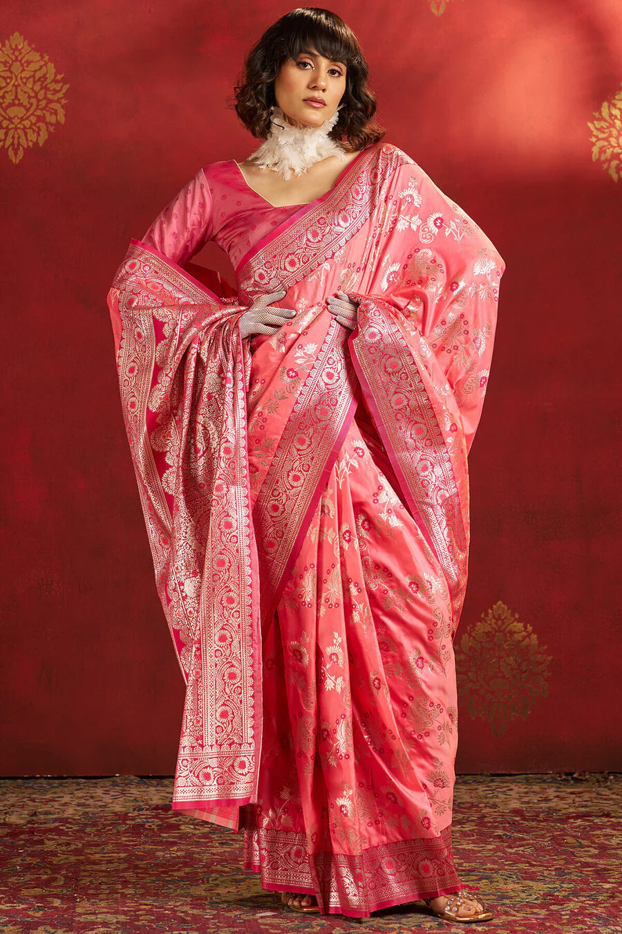 Demesne Pink Pure Zari Weaving Banarasi Silk Saree With Confounding Blouse Piece - Image 5