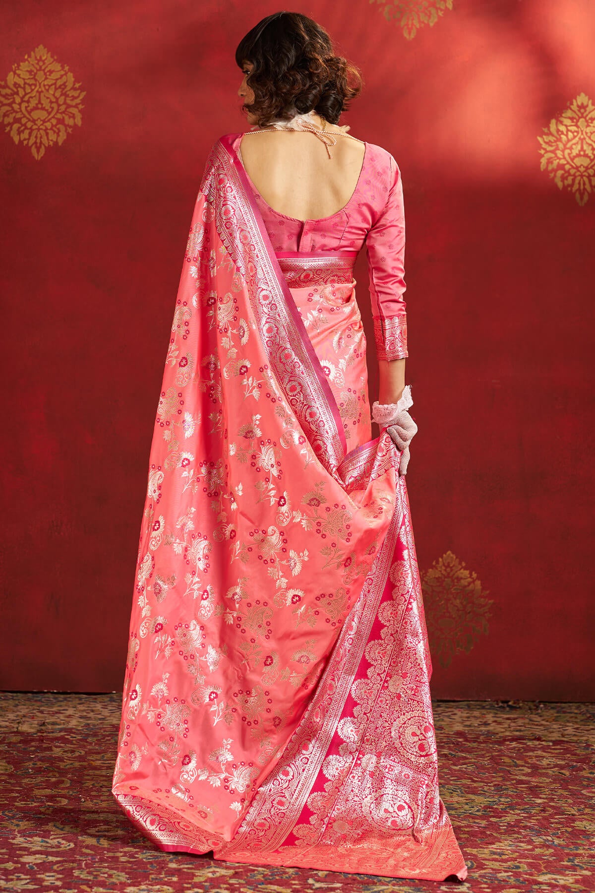 Demesne Pink Pure Zari Weaving Banarasi Silk Saree With Confounding Blouse Piece - Image 6
