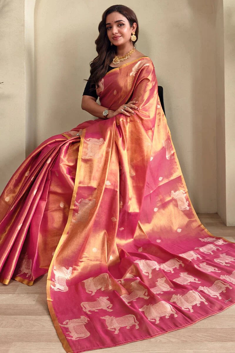 Demesne Pink Soft Banarasi Tissue Silk Saree With Rhapsodic Blouse Piece - Image 2