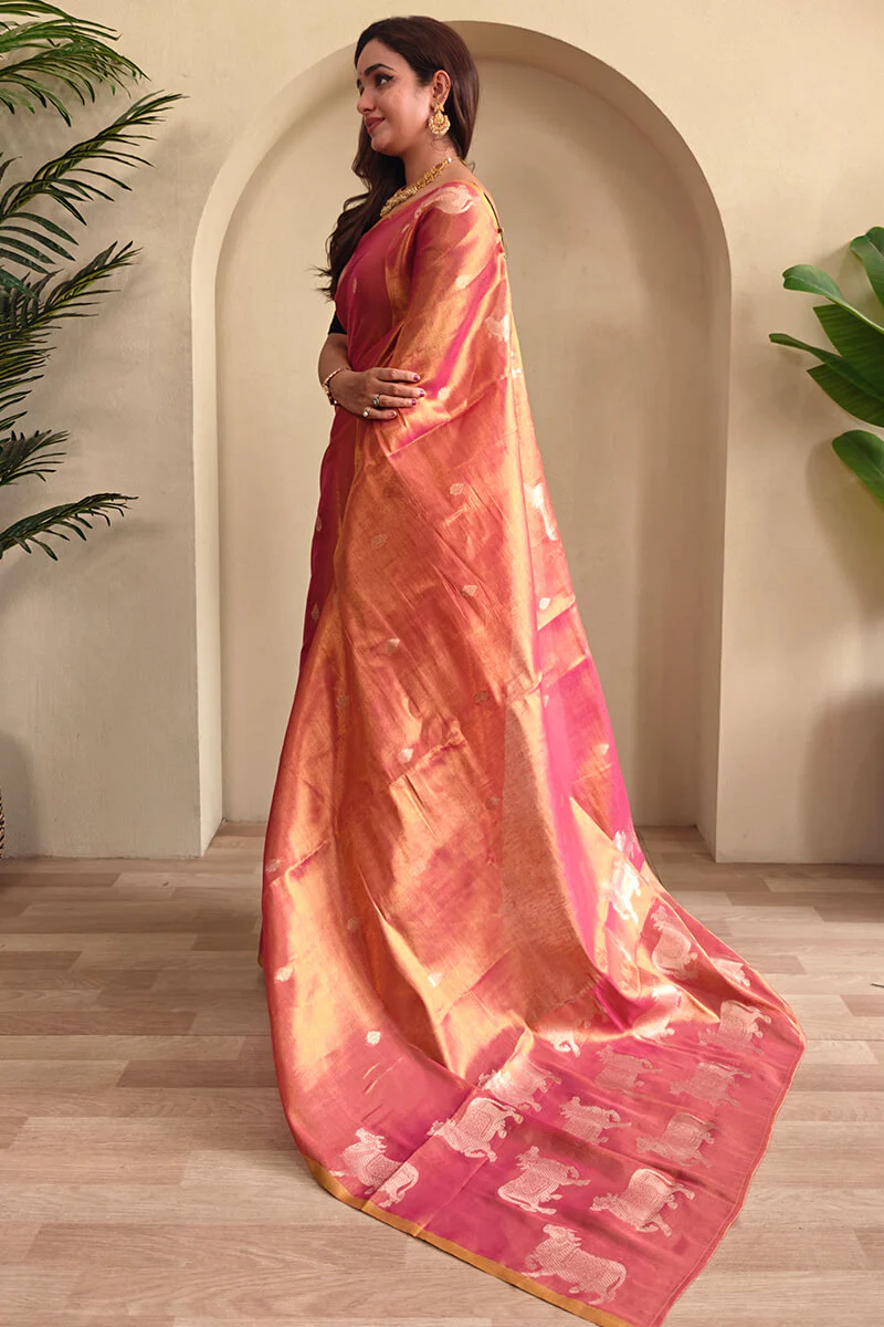 Demesne Pink Soft Banarasi Tissue Silk Saree With Rhapsodic Blouse Piece - Image 4