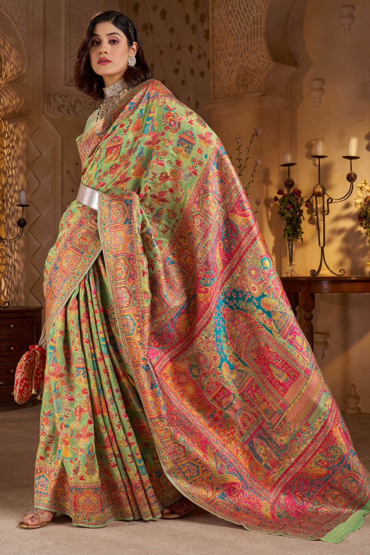 Demesne Pista Pashmina Saree With Classy Blouse Piece - Image 3