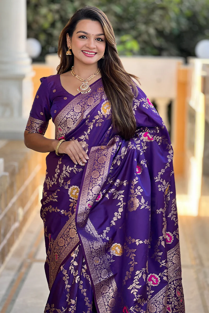 Demesne Purple Soft Banarasi Silk Saree With Palimpsest Blouse Piece - Image 4