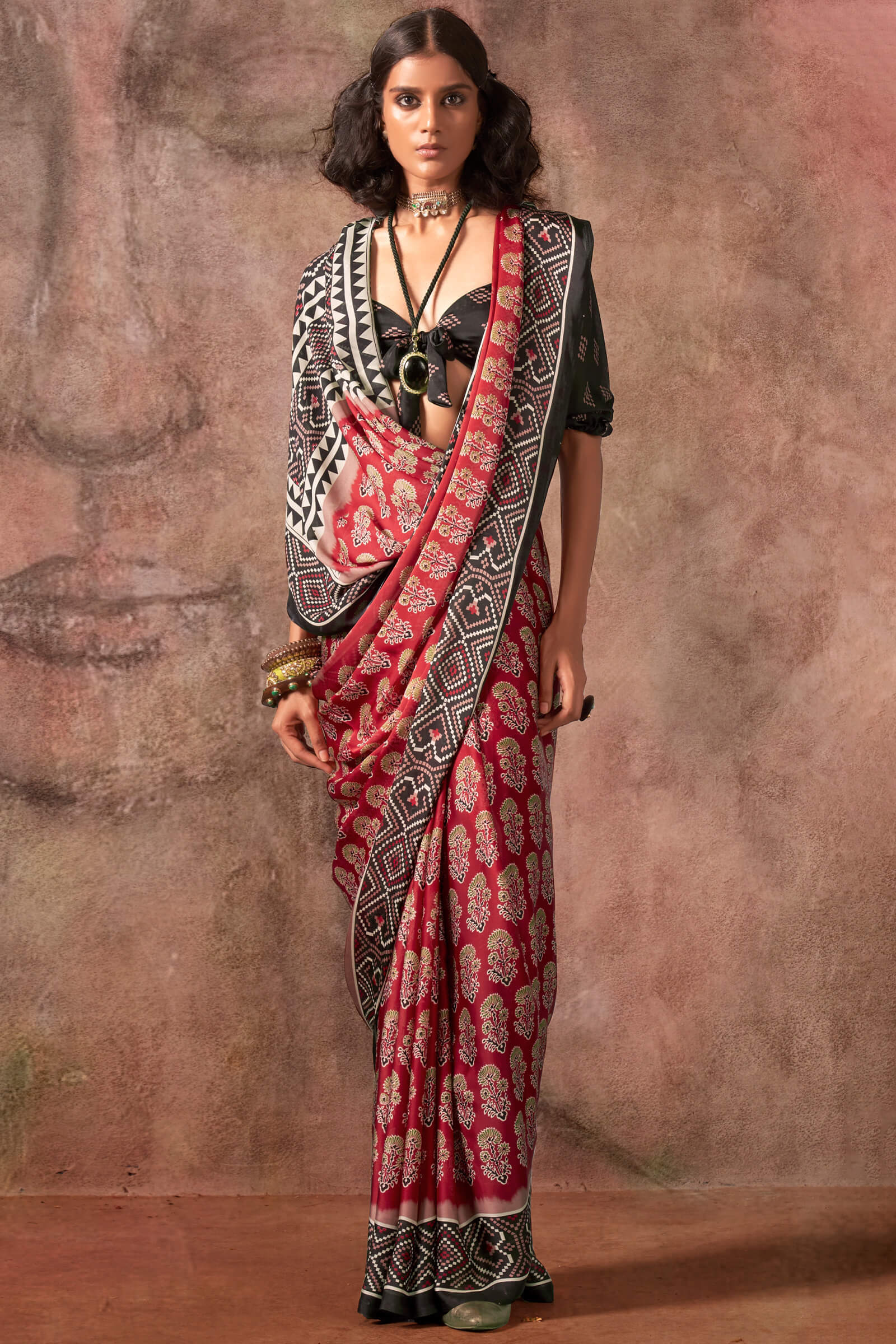 Demesne Red Ajrakh Printed Satin Silk Saree With Embrocation Blouse Piece - Image 2
